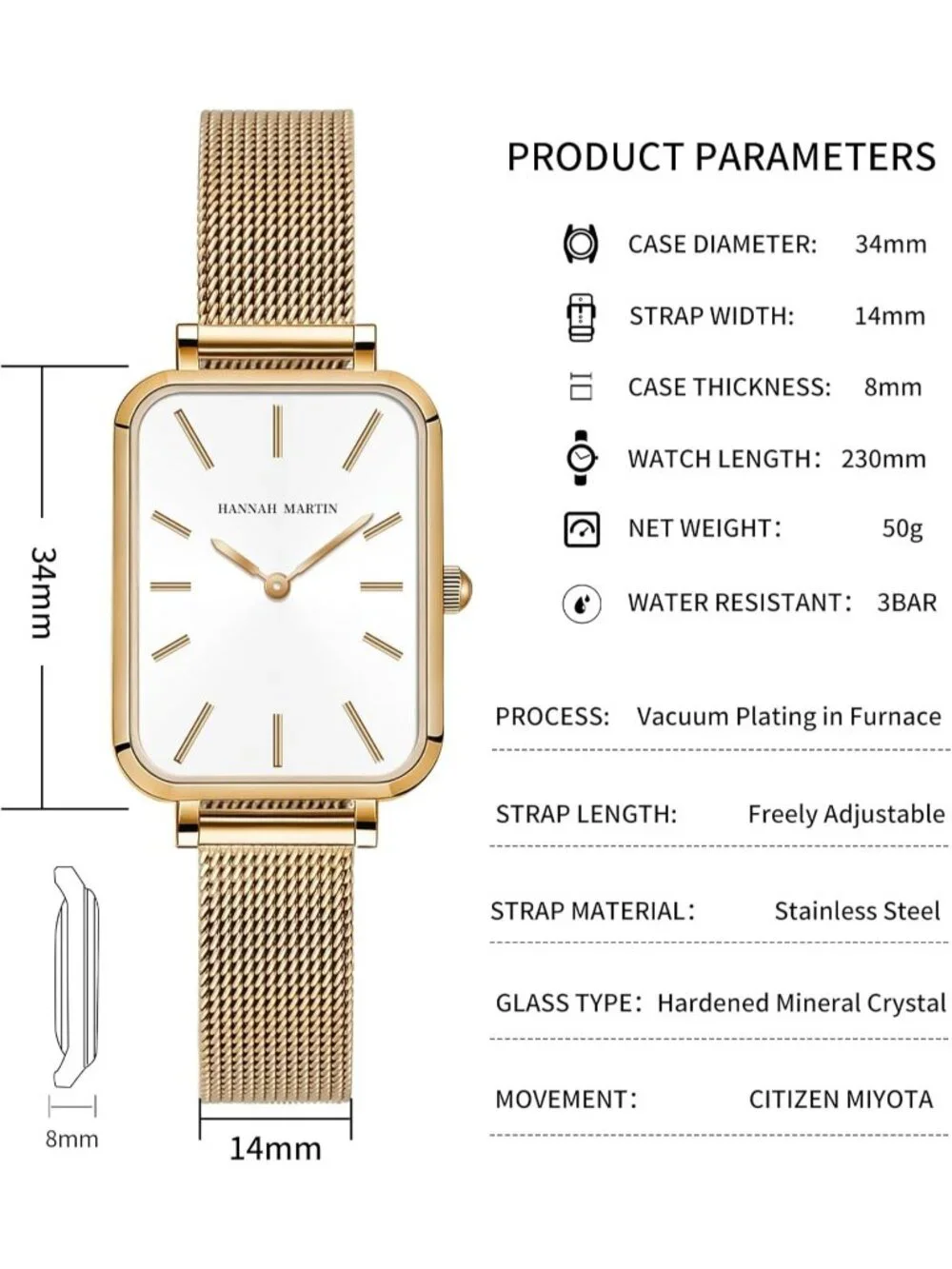 Women's White Rose Gold Analog Stainless Steel Vintage Rectangular Luxury Watch - Picture 5 of 6